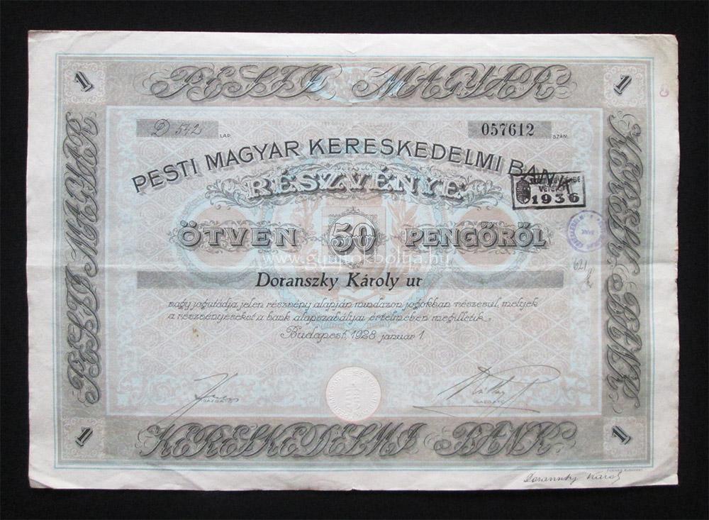 Pesti Magyar Kereskedelmi Bank rszvny 50 peng 1928